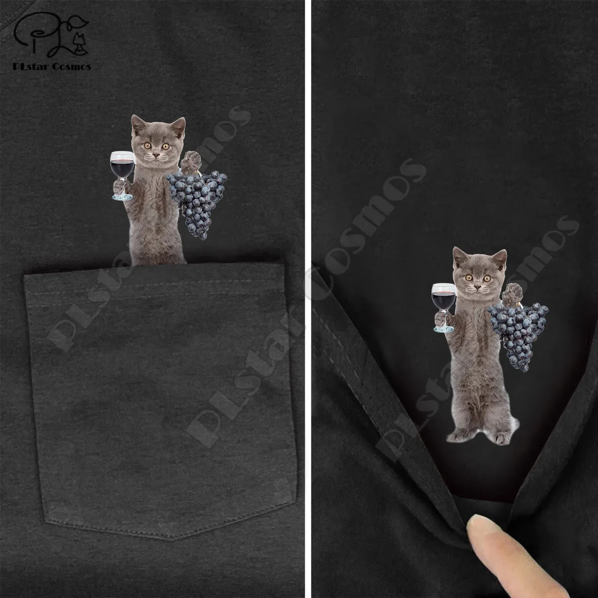 PLstar Vesmíru T Shirt Módne letné vrecku Víno mačka vytlačené t-shirt mužov pre ženy, košele, topy zábavné bavlnenou tees štýl-1