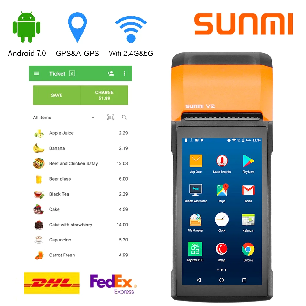 POS Terminál SUNMI V2 PDA Android Ručný reštaurácia, obchod pokladnice bezdrôtový bill stroj tepelná tlačiareň mobile 4G WIFI