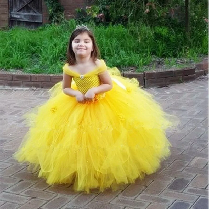 POSH SEN Princezná Belle Dievčatá Šaty Žltý Kvet Dievča Tutu Šaty Kanárske Krásne Handmade Žltá Deti, Dievčatá Tutu Party Šaty