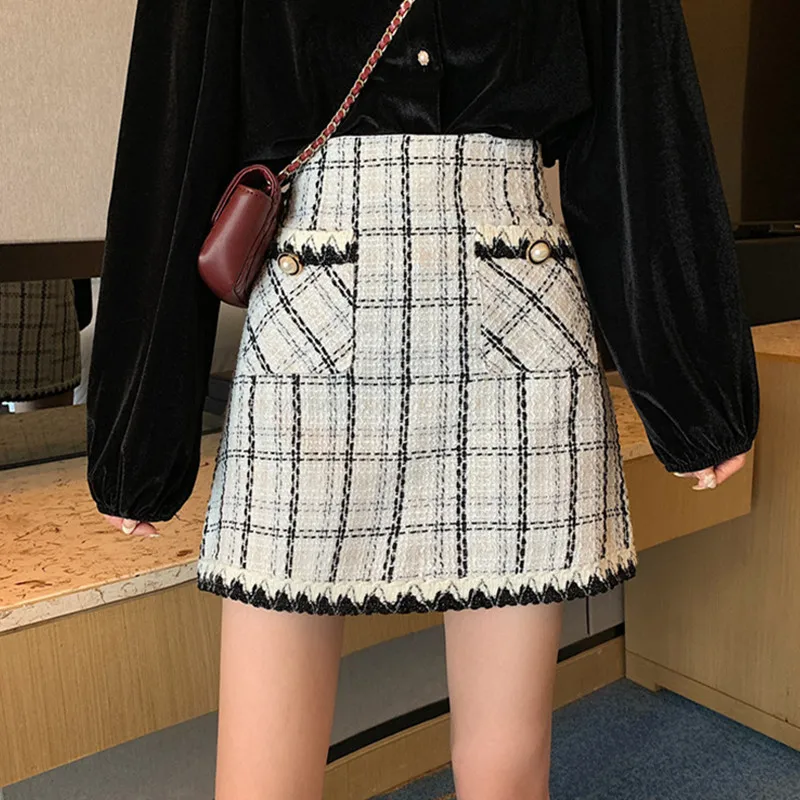 Prehoz Tweed Sukne Ženy Vysoký Pás Elegantné A-Line Vlna Ceruzku Sukne Zips Bežné Mini Sukne Kórejský Vrecku Vintage Francúzskej X519