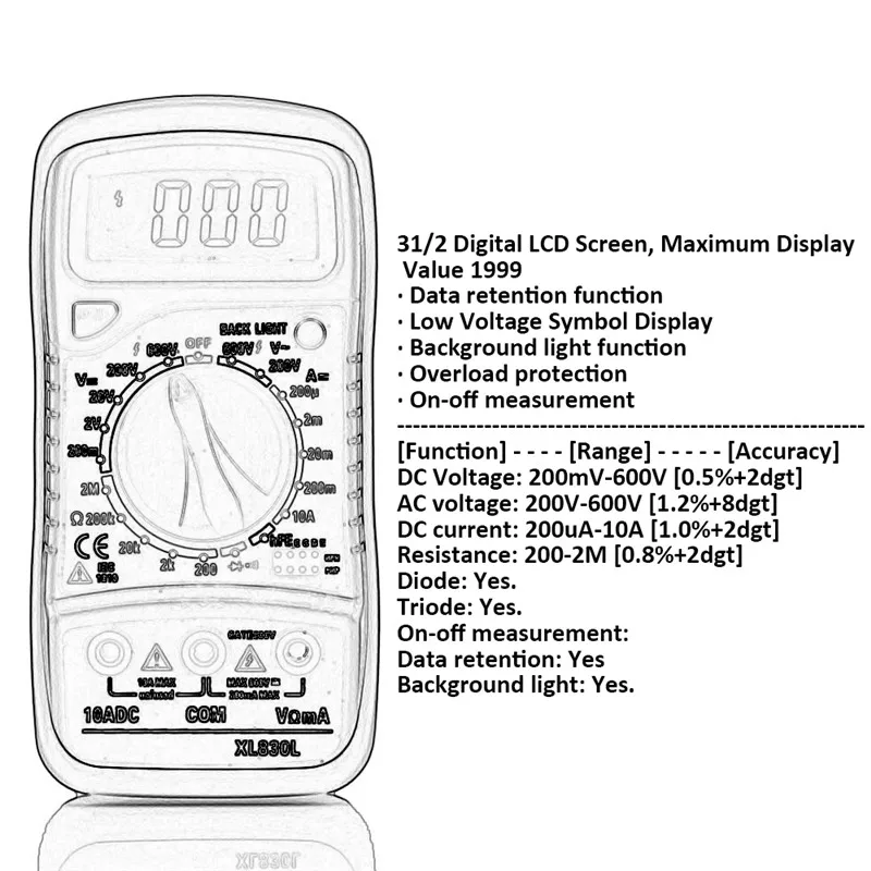 Prenosný Digitálny Multimeter Podsvietenie AC/DC Ammeter Voltmeter Ohm Tester Meter XL830L Prenosné LCD Multimetro