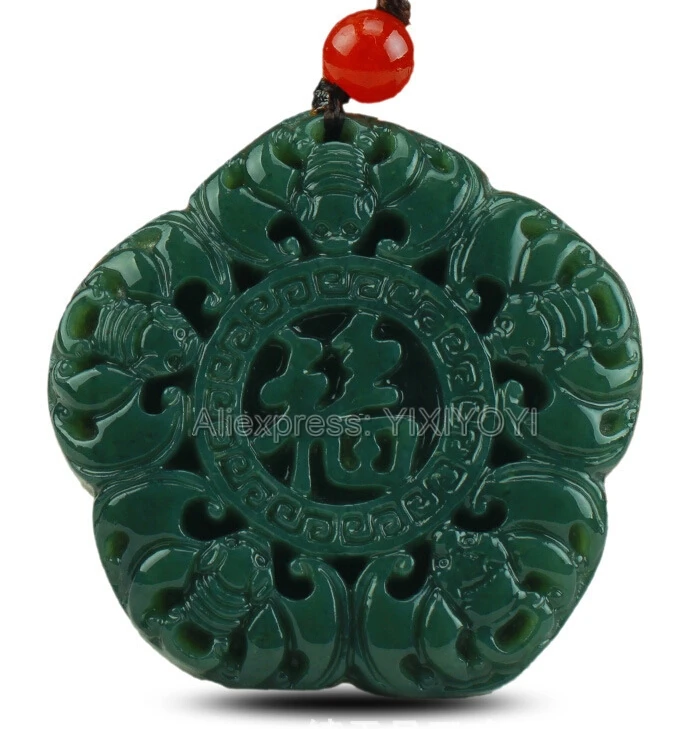Prírodné Zelené HeTian Jade Vyrezávané Čínsky Päť Bat Fu Požehnanie Amulet Lucky Prívesok + Zadarmo Náhrdelník + Certifikát Jemné Šperky