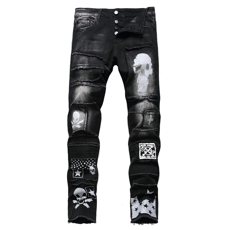 Pánske black lebky hviezdy vytlačené džínsy Streetwear tlačidlá lietať patchwork slim denim stretch okraji nohavice