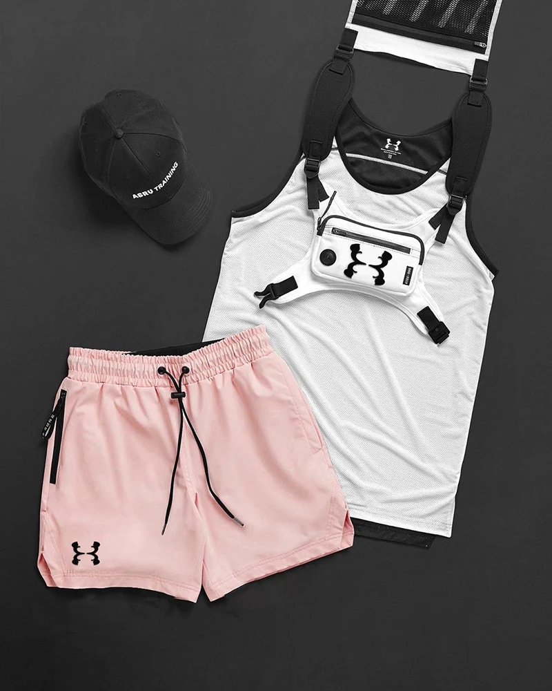 Pánske nepremokavé priedušná príležitostné športové šortky pánske letné gym fitness tréning rýchle sušenie päť-bod nohavice čierna + ružová