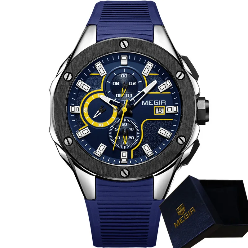 Relogio Masculino MEGIR Mužov Sledujte najlepšie Luxusné Značky, Chronograf Kalendár Športové Náramkové hodinky Vojenské Armády Gumy Muž Hodiny 2053