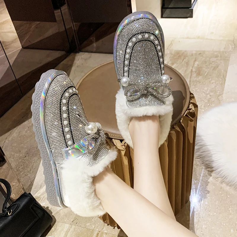 Rimocy Luxusné Crystal Pearl Bowknot Čižmy Ženy Nepremokavé Slip-on Členková Obuv 2020 Zime Teplé Krátke Plyšové Topánky Žena