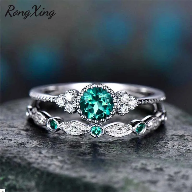 RongXing Zelená/Modrá Okrúhly Zirkón Zásnubný Prsteň pre Ženy, Strieborná Farba Birthstone Snubné Prstene Dvojité Prst
