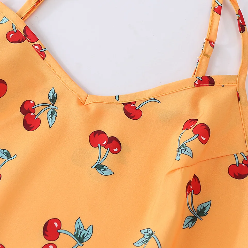 Roztomilý dámske pyžamo sady oranžovej farby, s sweet cherry vytlačí príčinné pajama stanovuje módny softy pyžamá pre dámy