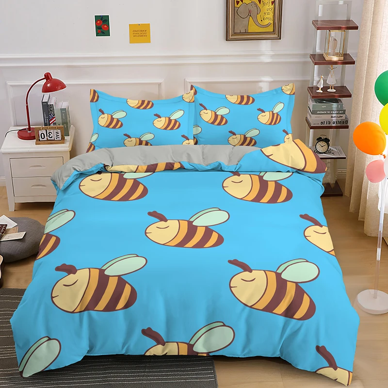 Roztomilý Včelieho Medu Cartoon Jeden Kráľ, Kráľovná posteľná bielizeň Nastaviť Povlaky na Prikrývku Deka Zahŕňa 2/3ks S Obliečky na Vankúš