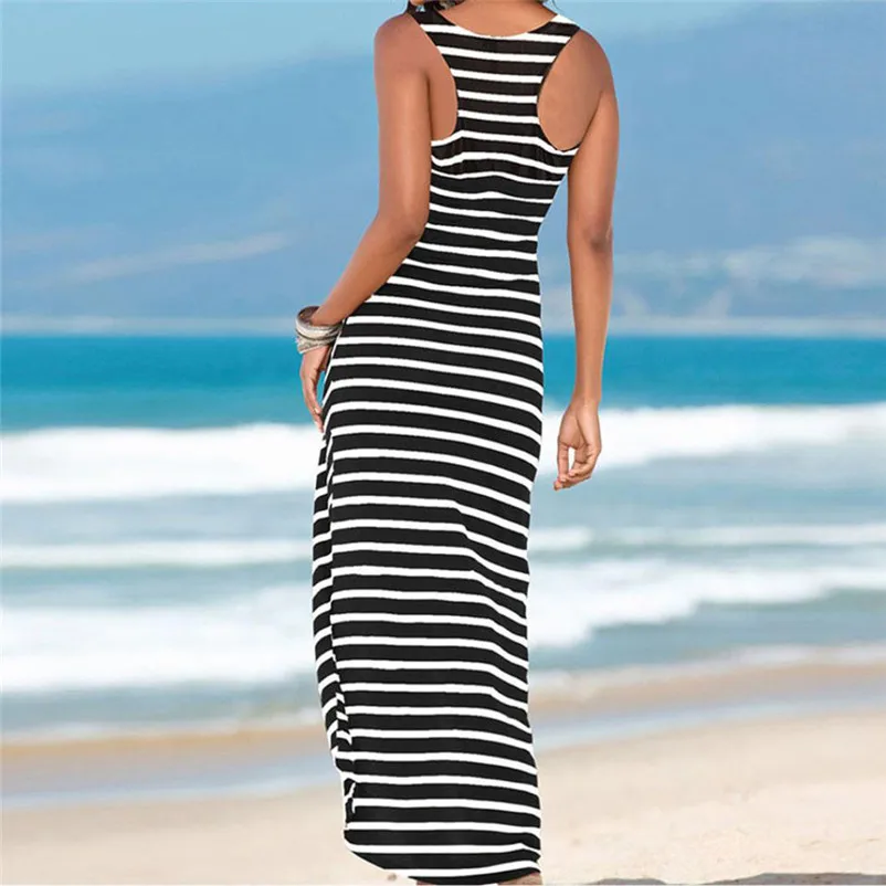 Rýchle odosielanie veľa Žien Letné šaty dámske Ležérne Začiatku jesene Sundress bez Rukávov Pruhy Voľné Long Beach Šaty l0807