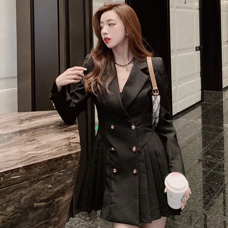 Sako Šaty Žien kórejský Dlhý Rukáv Vyhovovali Šaty Zimné Jeden kus Lady Bežné Kancelárske Oblečenie 2020 Módny Návrhár Mini Šaty