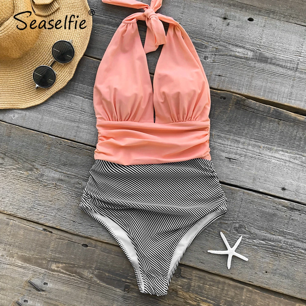 SEASELFIE Sexy Ružová a Prúžok Okolo Hlboké V-neck jednodielne Plavky Ženy Čalúnená Monokiny 2021 Pláž, Kúpanie Oblek Plavky