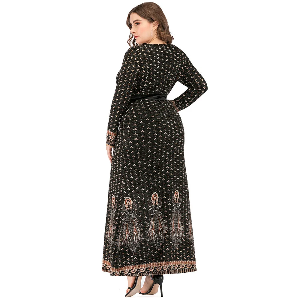 Siskakia Jeseň 2020 Nové Maxi Šaty pre Ženy, Plus Veľkosť Pletené tvaru dlhé rukávy Vintage Etnických Tlačené Šaty Black-Belted