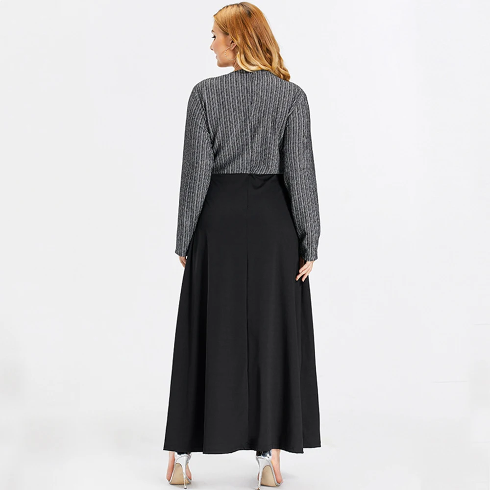 Siskakia Maxi Šaty Jeseň 2020 Fashion Stripe Patchwork V Krku Dlhý Rukáv Plus Veľkosť Riadku Šaty Black Arabské Moslimské Oblečenie
