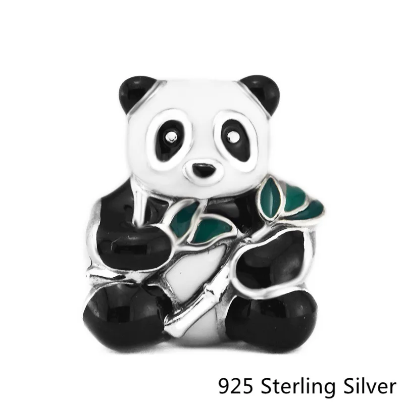 Sladké Panda s Bambusom Zvierat Kúzlo 925 Sterling Silver Fit Žena Náramok Korálky pre Šperky s Čierno-Zeleným Smalt