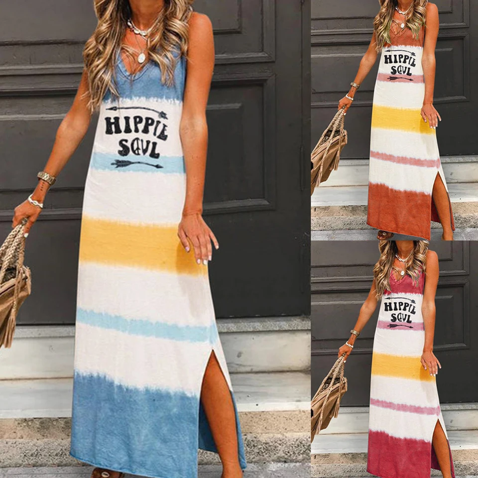 Slogan Hippie Duše Boho Oblečenie Tlač Farebný Prúžok Dlhé Šaty Otvorené Bočné Sukienka Hlboko V Krku Šaty Ženy Bez Rukávov Sundress