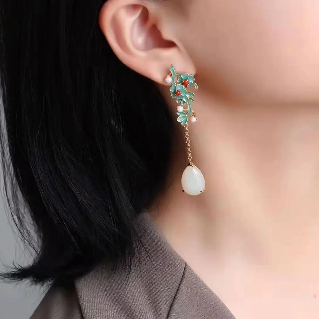 SNew striebro retro etnických krajiny Thai modrá Čínsky palác smalt farba rastlín drop náušnice žien remeselných značky šperky