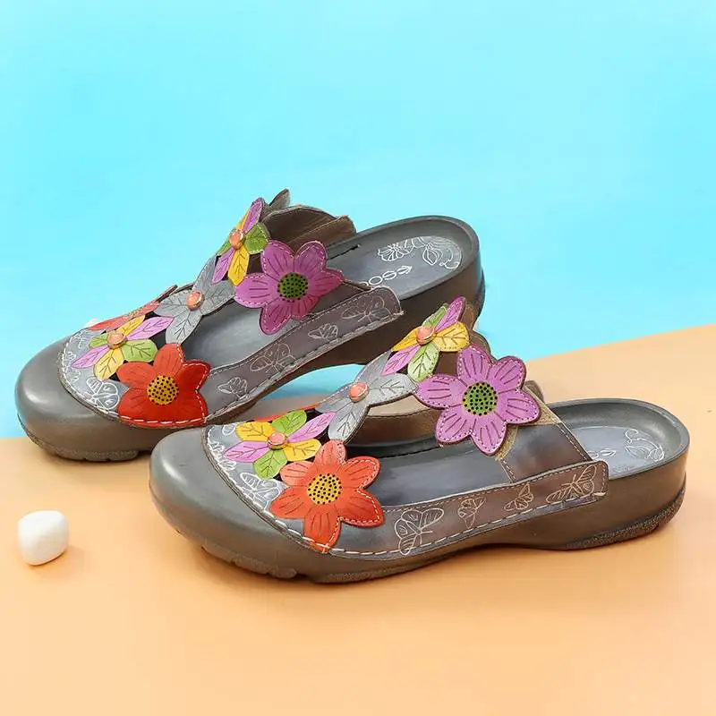 Socofy 2020Women Retro Originálne Kožené Sandále Spojov Kvety Vzor Nastaviteľné Slučky Ploché Sandále Ručne maľované Vintage Topánky
