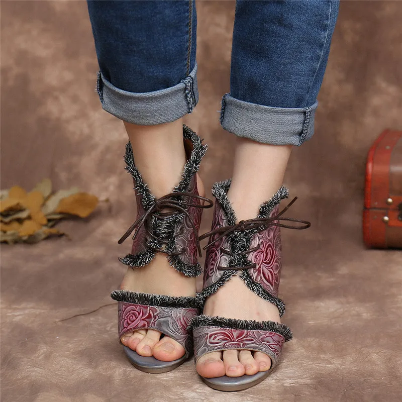 SOCOFY Dámske Kožené Sandále Plastický Kvetinový Lemovaný Čipkou-up Blok Päty Topánky Duté Von Bežné Outdoorové Sandále 2020