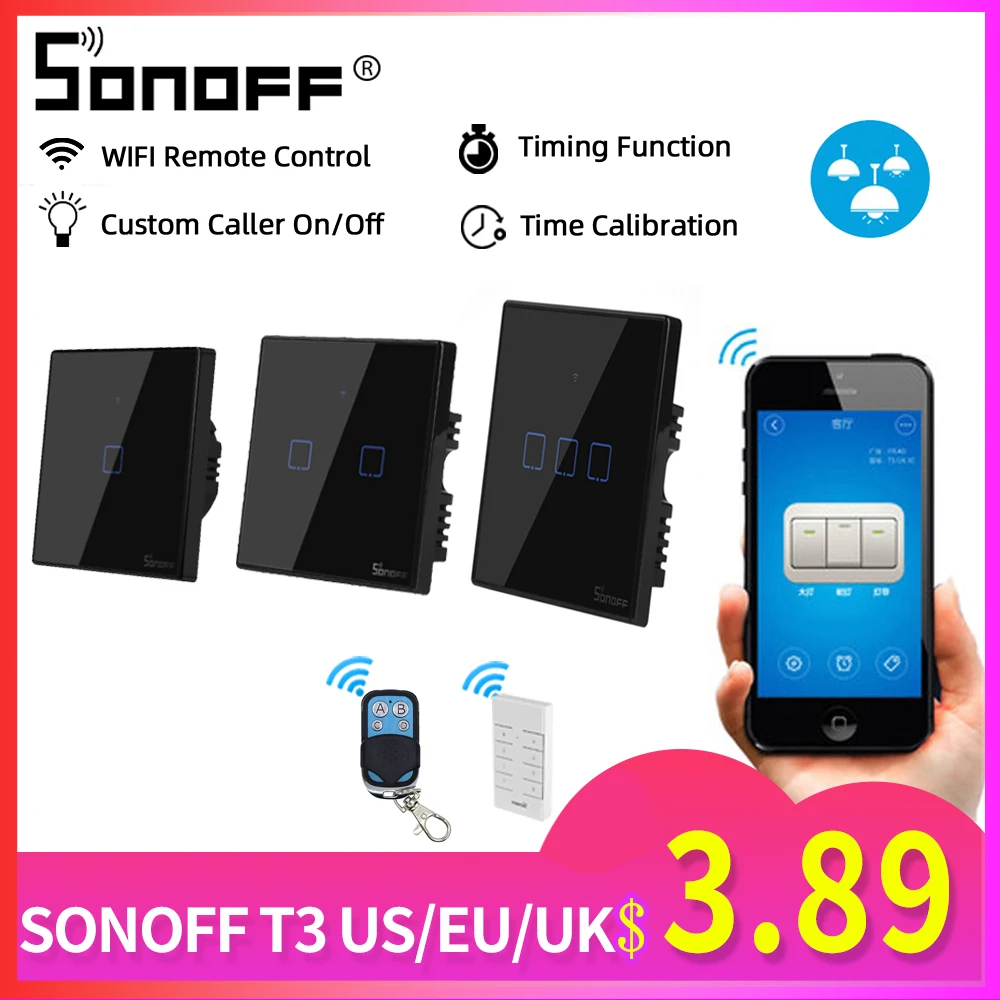SONOFF TX T3 US/EU/UK WiFi Smart Switch 220V Dotykový Spínač 1/2 Gang RF 433Mhz Diaľkové Ovládanie Smart nástenný Spínač Pre Domovská stránka Google