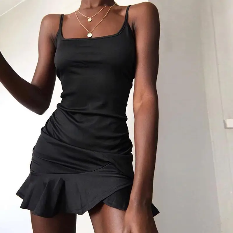 SUCHCUTE čipky ženy Šaty špagety popruhy vintage čierna jar roku 2020 nepravidelný mini šaty vestidos solid black Femme Šaty