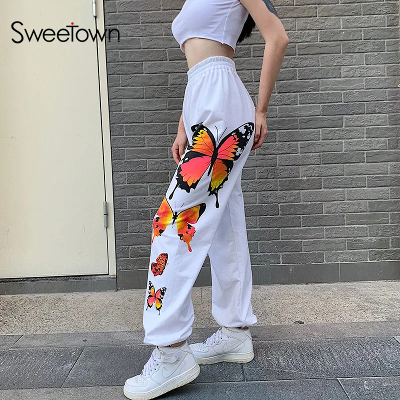 Sweetown Motýľ Vzor Neforemné Ženy Jogger Súpravy Na Príležitostné Elastické Vysoký Pás Hárem Nohavice Ženskej Hip Hop Streetwear Biela