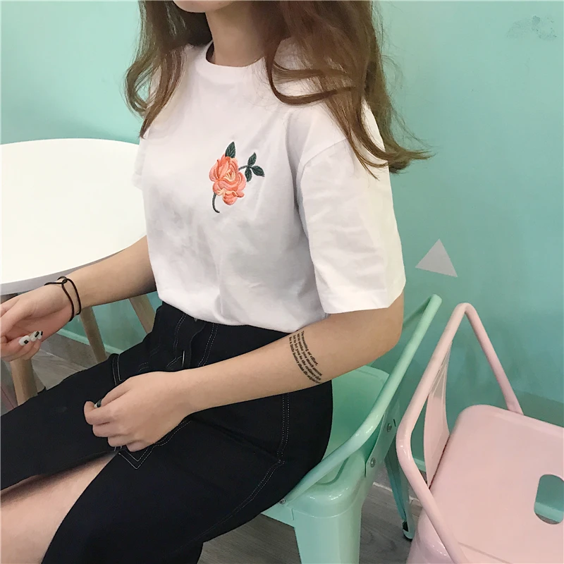 T-košele Ženy Kvetinové Výšivky Harajuku Dámske Elegantné O-Krku, Krátke Voľné Dámske tričká Sladké Bežné kórejský Štýl Dievčatá