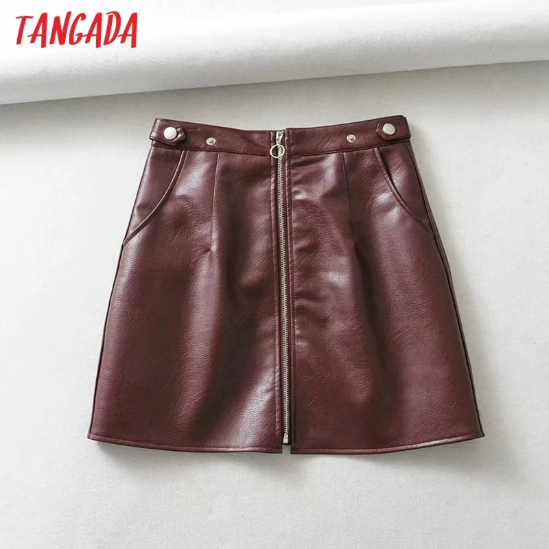 Tangada 2020 jeseň zima ženy pevné faux kožené sukne faldas mujer zips žena mini sukne 1Y25