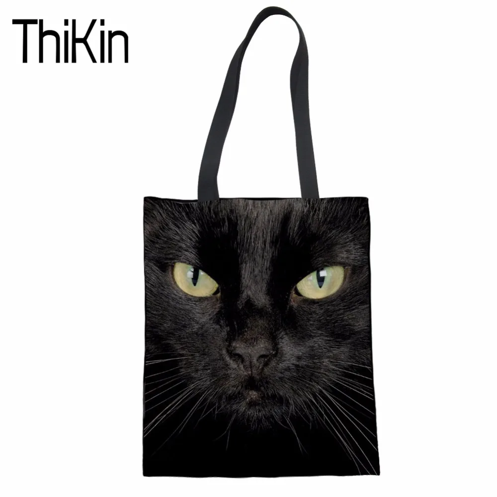 THIKIN Čierna Mačka, 3D Tlač Plátno Nákupné Tašky pre Ženy Eco Opakovane Skladacia Taška cez Rameno lady Kabelka Tote Bavlna Tote Bag