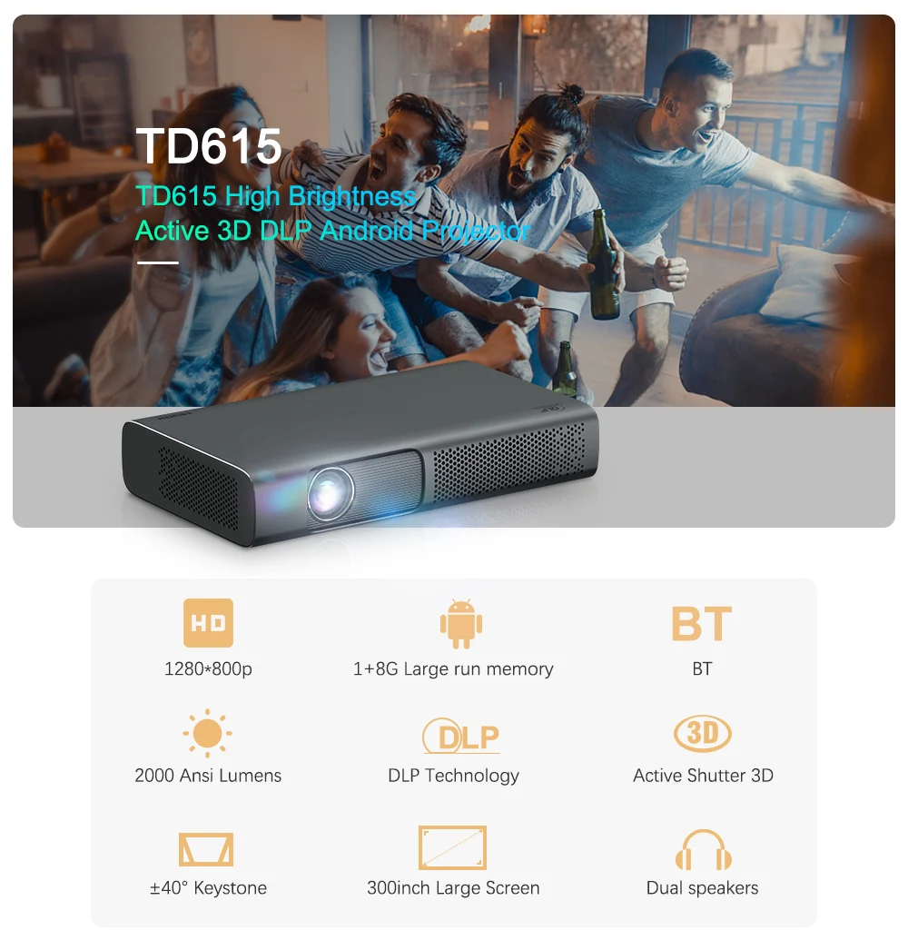 ThundeaL Nové Tech DLP Projektor 2000 Ansi Smart DLP Projektor T615 pre 1080p 4K Video Mini Beamer WiFi Android 3D Domáce Kino