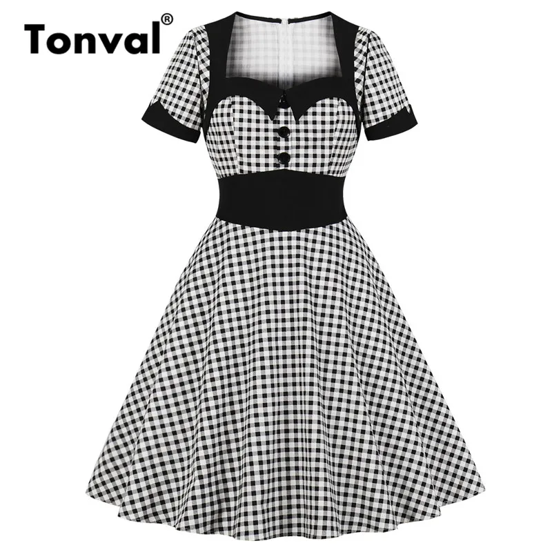 Tonval Rockabilly 50. Gingham Milú Krku Ženy Retro Šaty Tlačidlo Dopredu 95% Bavlna Vintage Vysoký Pás Kockované Šaty