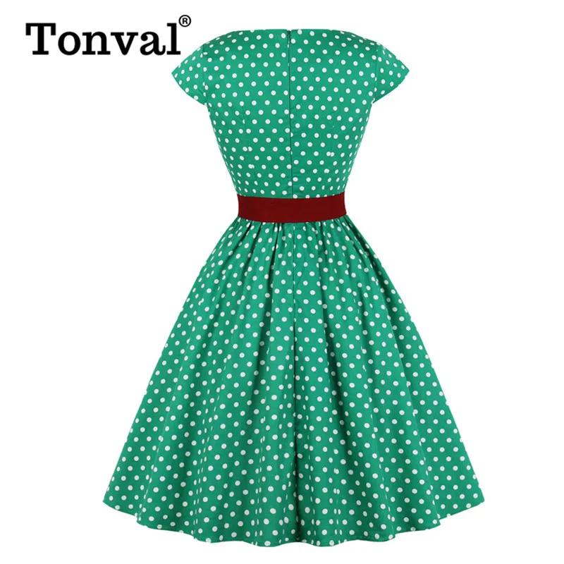 Tonval Zelená Retro Polka Dot 1950 Rockabilly Skladaný Belted Šaty Spp Rukáv Lete Ženy Vysoký Pás Vintage Šaty