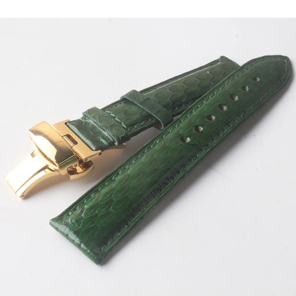 Top kvalita Zelená skutočný had Teľa Kožené +cowhide kožené Watchbands Pásik Zelený 18 mm 20 mm 22 mm gold motýľ, pracka Pre Pánske