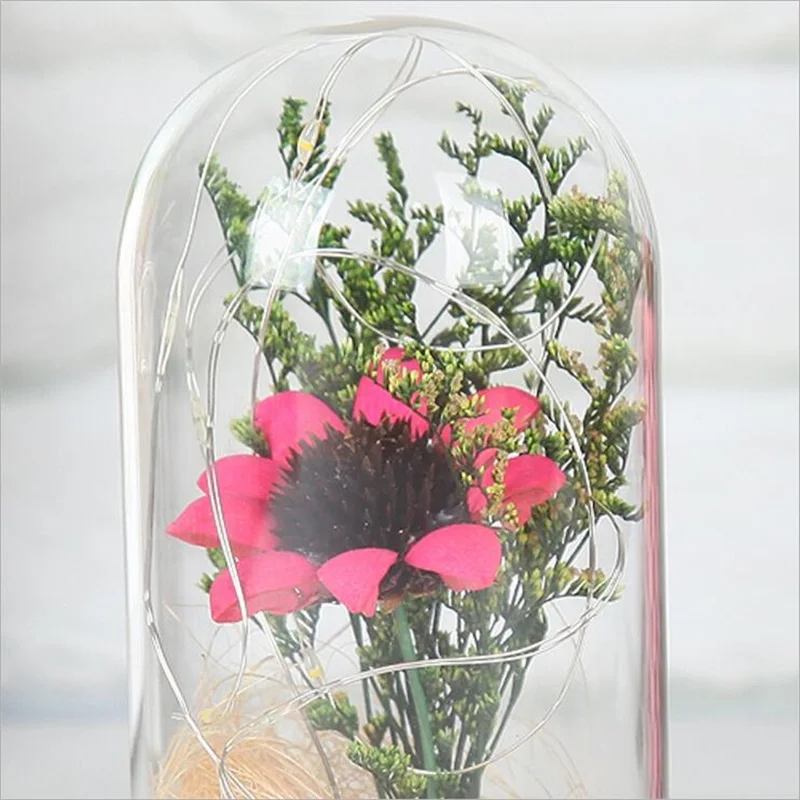 Umelé kvety sklenený kryt drevený základ LED svetlo, slnečnica plavidlá ozdoby domáce dekorácie tvorivé Valentine Vianočný darček