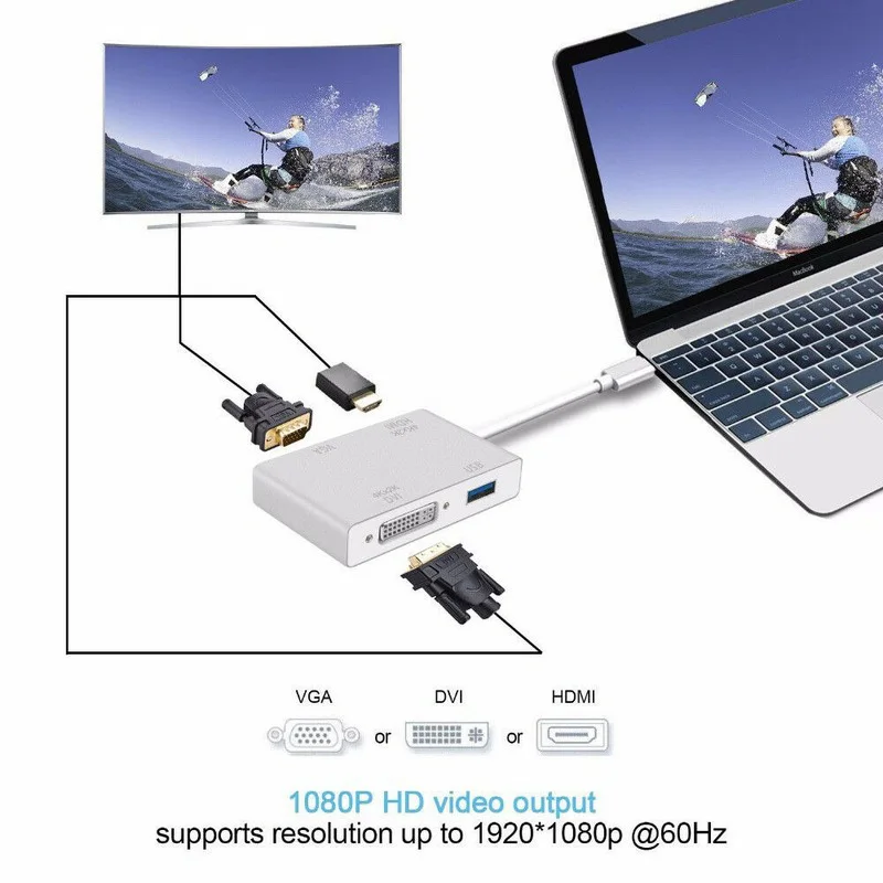 USB 3.1 Rozbočovač USB, C Typ C Na kompatibilný s HDMI VGA DVI USB 3.0 Adapter 4 V 1 Kábel pre Notebook Macbook USB C HUB Rozbočovač