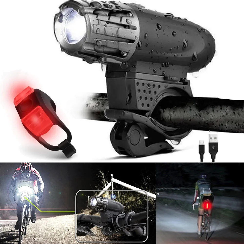USB Nabíjateľné LED Bike Bicykli jazda na Bicykli Svetlometov Predné Svetlo Chvost Zadné Lampy, Požičovňa svetlomety + červená silikónová zadné svetlá, #e