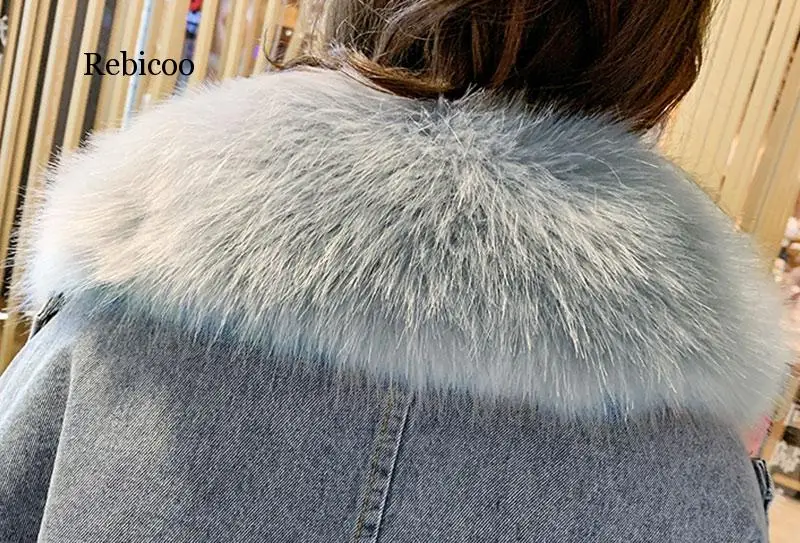 V Zime Teplé Baránok Umelú Kožušinu Golier Ženy Denim Jacket Kabát Veľké Vrecko Dámy Bundy Hrubé Voľné Denim Coats Pre Ženy 2020 Nové