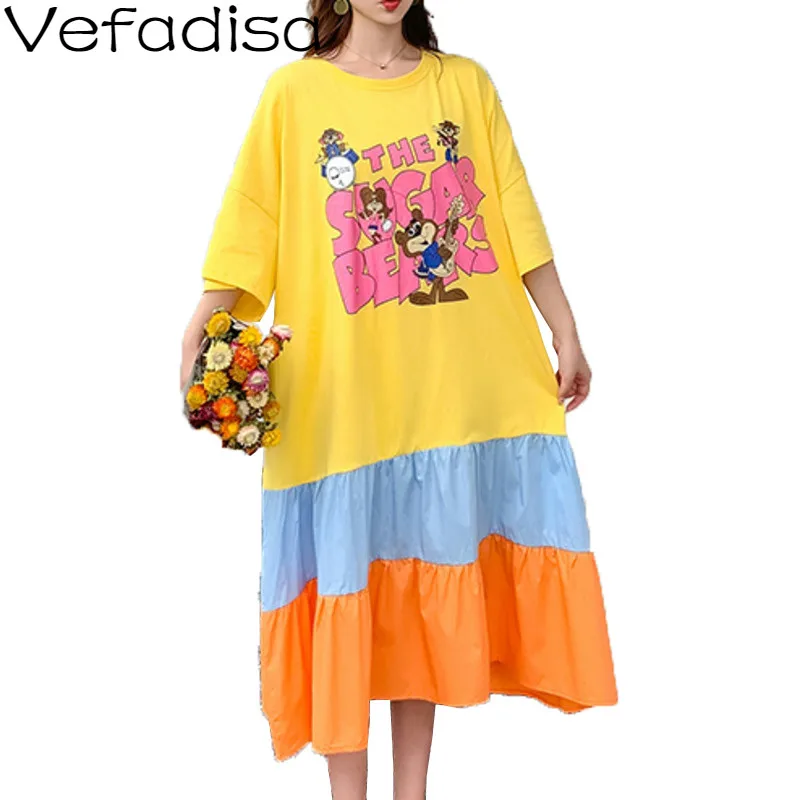 Vefadisa Šitie Farba List Vytlačiť T-shirt Šaty Letné Nadrozmerná Ženy Šaty 2020 Plus Veľkosť Polovici Teľa Šaty Žltej QYF2792