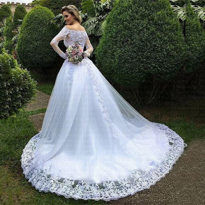 Vestido De Noiva Princezná Svadobné Šaty 2021 Záhrada Mimo Ramenný Úplnej Dlhý Rukáv Korálkové Arabčina Župan Mariage De Svadobné Šaty