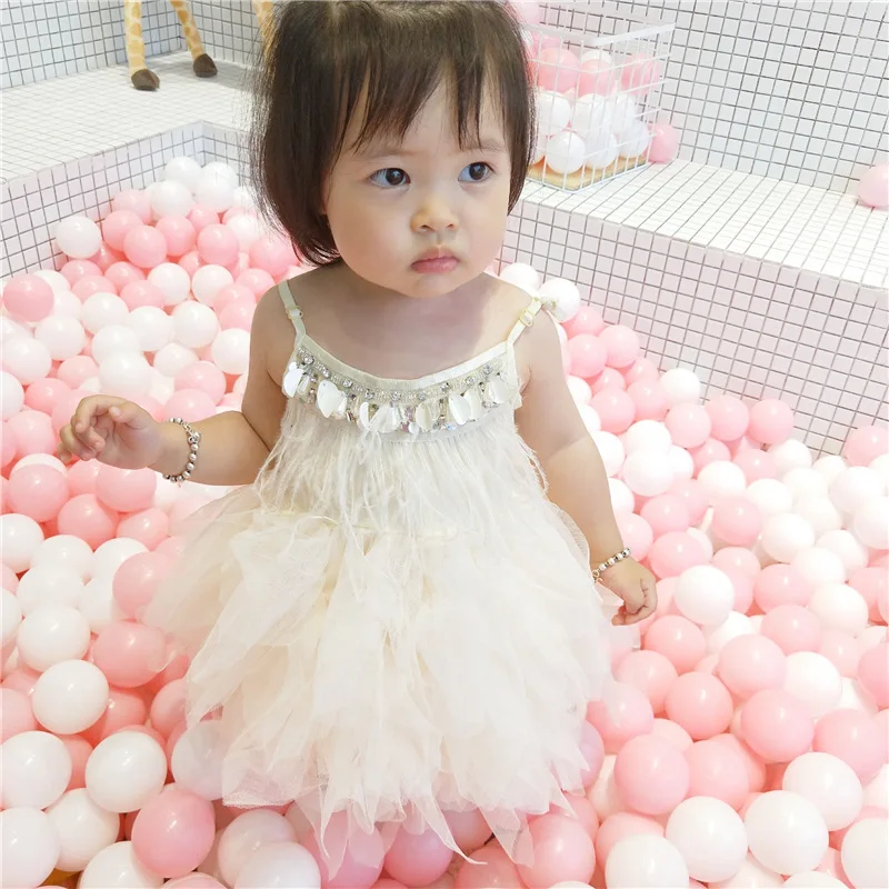 Vestido Dievča Princess Tutu Šaty Ťažká Práca Korálkové 2019 Lete Pierko Skladaný Batoľa Oblečenie Baby 1-7 Rokov GDR612