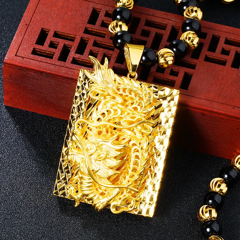 Veľkoobchod Darčeky Starostlivo vyrezávané Čínsky žltá 24K gold Dragon Čierna Obsidián Náhrdelník Prívesok Mužov Šperky ping