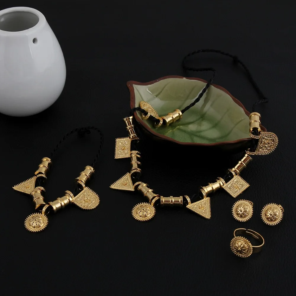 Veľkoobchod Eritrea Habesha Etiópskej sada Šperkov Náhrdelník Náramok Náušnice Krúžok 14 k Solid Gold GF Afrike Svadbu