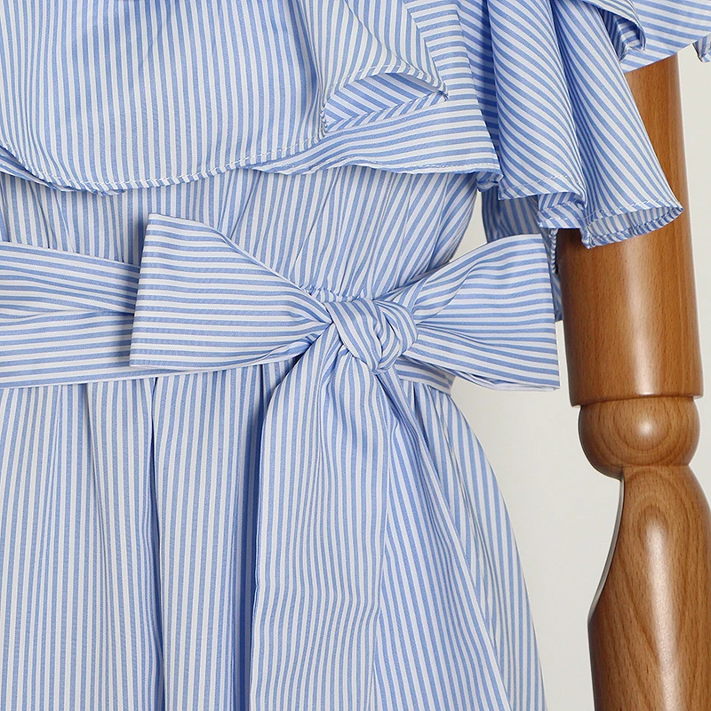 VGH Modré Pruhované Šaty Pre Ženy Mimo Ramenný Vysoký Pás Patchwork Prehrabať Bowknot Slim Asymetrické Žena Sexy Šaty 2020 Nové