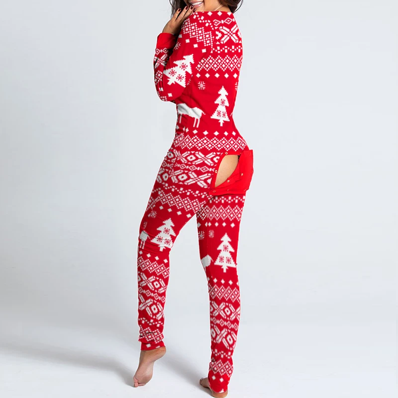 Vianočné Zviera Tlače Jumpsuit Ženy Bežné Dlhý Rukáv Tlačidlo nadol Prednej Funkčné Buttoned Klapka Dospelých Playsuit Pyžamá