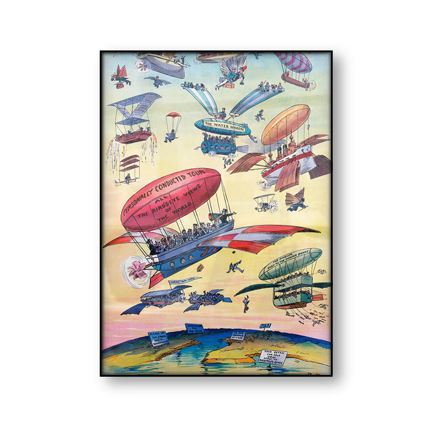 Vintage Cestovné Plagát Kreslené Ilustrácie, Panamský Prieplav Otvorenie Vzduchu Balón, Lietadlo, Starožitné Nástenné Art Obraz Plátno Tlačiť Maľovanie