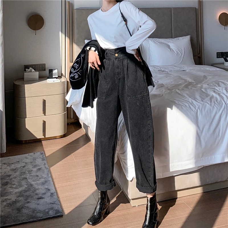 Vintage Priateľ Džínsy Ženy Širokú Nohu Rovno Voľné Vysoký Pás Džínsy Mujer Plus Veľkosť 2020 Black Blue Denim Elegantné Nohavice