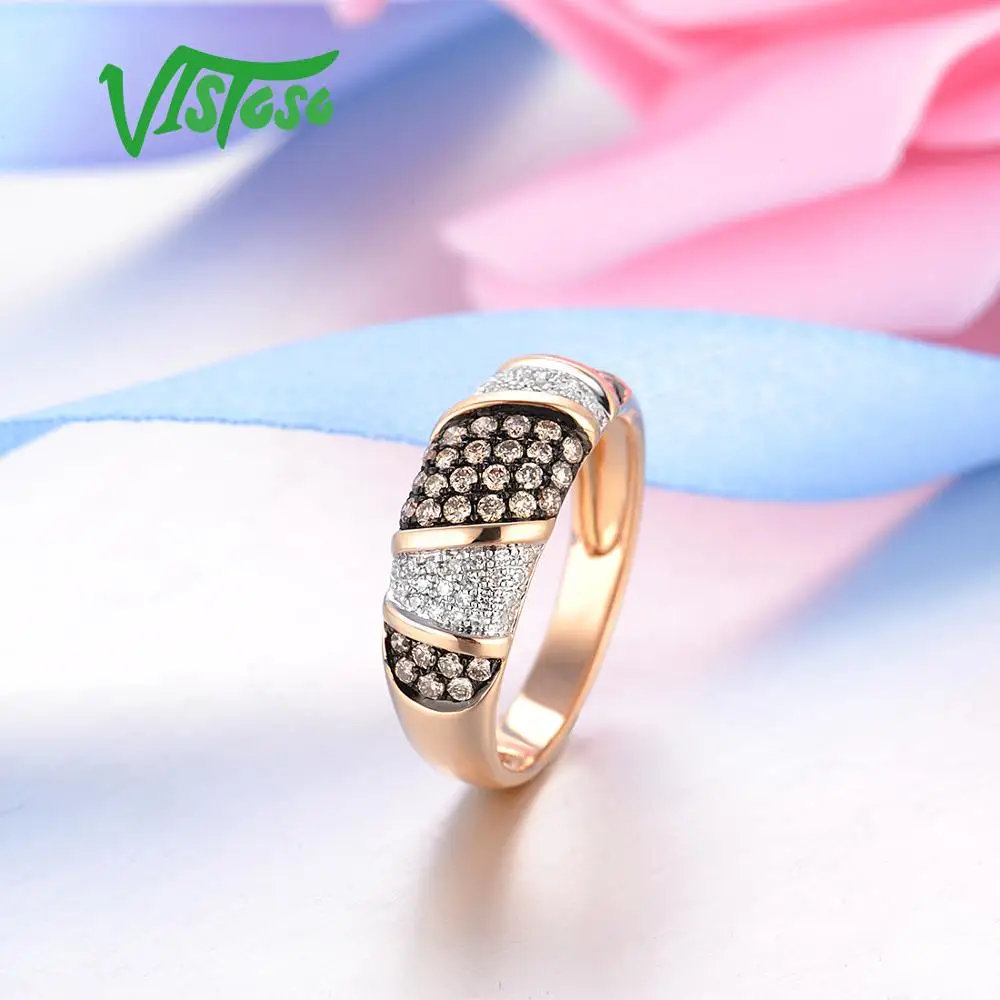 VISTOSO Čistý 14K 585 Rose Gold, Hviezdna Diamond Hnedé Diamond Jemné Krúžok Pre Ženy Výročie Zapojenie Trendy Jemné Šperky