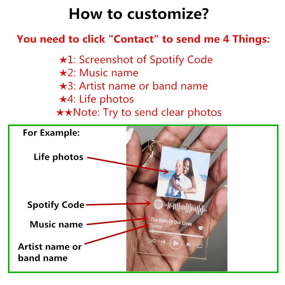 Vlastné Skladby Kód Akryl Keyring Prispôsobené Hudbu Spotify Kód Obal Pár Foto Keychain Darček