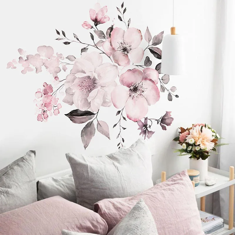 Vodné Farby Ružové kvety samolepky na stenu spálne, obývacia izba dekorácie, nástenné domova obtlačky Kvet klastra nálepky tapety