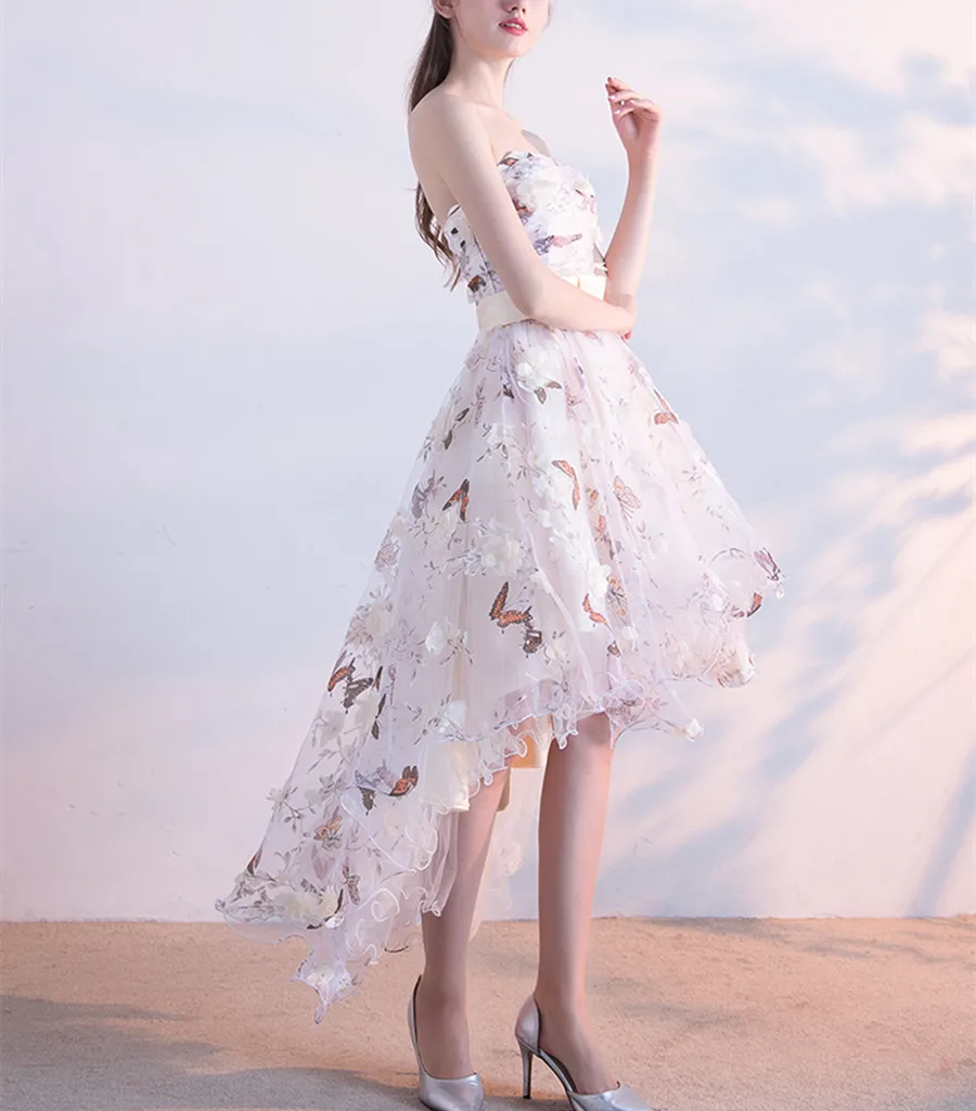 Vysoká Nízka Večerné Šaty Butterfly Tlač 3D Kvetinovým Kvet Formálne Prom Party Šaty s Pásom bez Ramienok Plus Veľkosť Oblečenie De Soiree